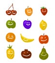 Fruit smiling characters colorful vector illustration background, apple, pear, orange, apricot, plum, pineapple, cherry, strawberr Royalty Free Stock Photo